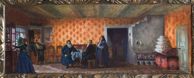 Decoração preparada para a peça de teatro "La mort de Pasukhin" de Mikhail Saltykov-Shchedrin (Saltykov Shchedrin, Saltykov-Chtchedrine, Saltykov Chtchedrine) (1826-1889) (Desenho do palco da peça de teatro "A morte de Pasukhin" de M. Saltykow Schtschedrin de Boris Mikhailovich Kustodiev
