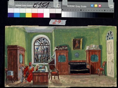 Decoração preparatória para a peça de teatro La mort de Pasukhin de Mikhail Saltykov-Shchedrin (Saltykov Shchedrin, Saltykov-Chtchedrine, Saltykov Chtchedrine) (1826-1889) (Projeto de palco para a peça de teatro Pasukhin