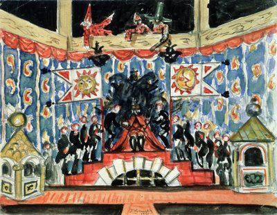 Decor preparatoire pour la piece la puce de Evgueni (Ievgueni, Eugene, Evgeni) Zamiatine (1884-1937) (Encenação para a peça A Pulga de E. Zamyatin). Oeuvre de Boris Michaylovich Kustodiev (Koustodiev) (1878-1927), tempera sur bois de Boris Mikhailovich Kustodiev
