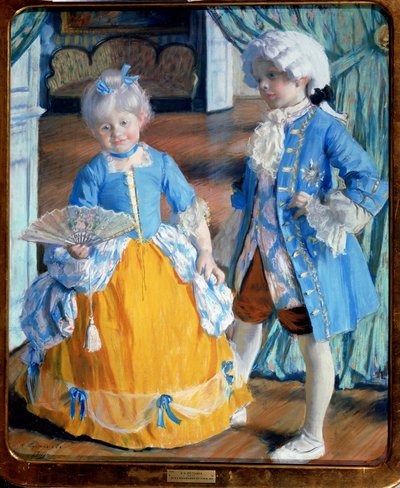 Crianças em Rococo Dress. O rapaz veste meias e uma peruca, a rapariga segura um leque de renda. Pintura de Boris Michaylovich Kustodiev (Koustodiev) (1878-1927), óleo sobre tela de Boris Mikhailovich Kustodiev
