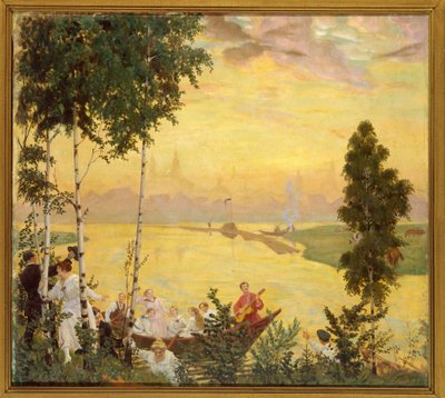Escapade a la campagne (Viagem de campo). Pintura de Boris Michaylovich Kustodiev (Koustodiev) (1878-1927), óleo sobre tela de Boris Mikhailovich Kustodiev
