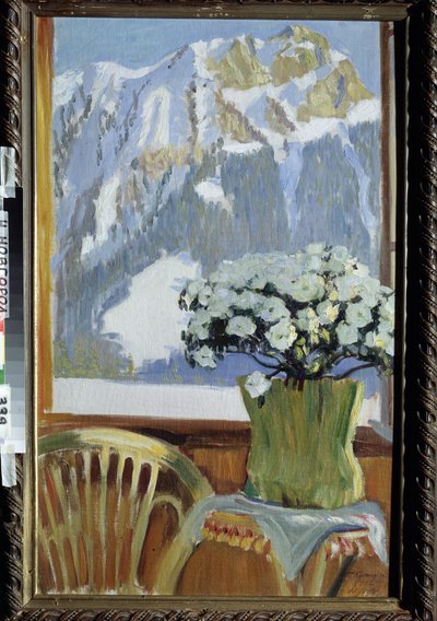Fleurs sur le balcon, avec vue sur la montagne (Flores no Balcão com Vista para a Montanha). Peinture de Boris Michaylovich Kustodiev (Koustodiev) (1878-1927), huile sur toile de Boris Mikhailovich Kustodiev
