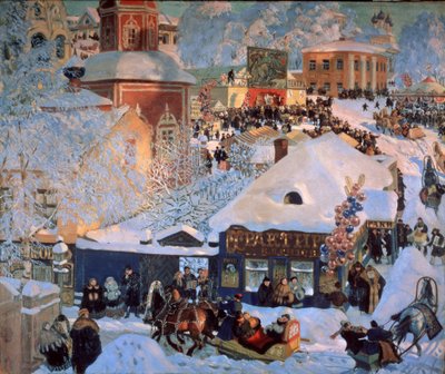 Inverno, Mardi Gras (Inverno, Schrovetide). Festas tradicionais nas ruas cobertas de neve de uma cidade provinciana. Além da descrição dos edifícios da cidade, os aglomerados de balão, um carrossel, as montras das tabernas e os trenós puxados por de Boris Mikhailovich Kustodiev
