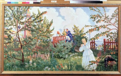 O jardim de maçãs (Apple Garden). Uma mulher de vestido branco colhe uma fruta de uma macieira, em uma plataforma, atrás dela, um casal está tomando chá, sentado perto de uma mesa com um samovar fumegante. Obra de Boris Michaylovich Kustodiev (Kustodiev) ( de Boris Mikhailovich Kustodiev