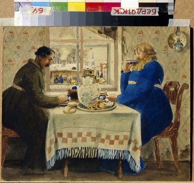 Os Coachmen. Dois homens bonitos comem bolos e pãezinhos enquanto bebem chá. Através da janela, as carruagens e os trenós estão alinhados no pátio. Trabalho de Boris Michaylovich Kustodiev (Kustodiev) (1878-1927), aguarela s de Boris Mikhailovich Kustodiev