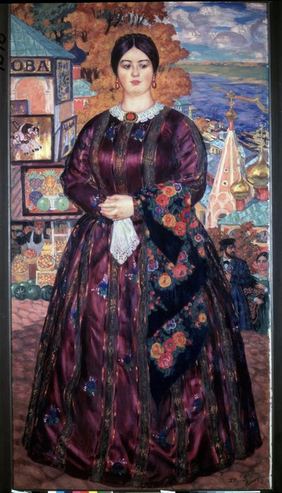 Mulher Comerciante. Retrato de corpo inteiro de uma mulher vestida com um rico vestido florido, usando um broche, anel e brinco, em frente às vitrines pintadas de uma loja de frutas e legumes. Pintura de Boris Michaylovich Kustodiev (Kustodi de Boris Mikhailovich Kustodiev