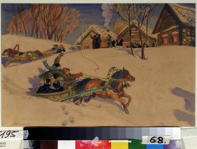 Mardi Gras (Entrudo). Crianças felizes giram em trenós puxados por cavalos, na neve, em frente à aldeia com as casas de madeira. Os adultos reunidos os cumprimentam. Obra de Boris Michaylovich Kustodiev (Koustodiev) (1878-1927), aquarela de Boris Mikhailovich Kustodiev