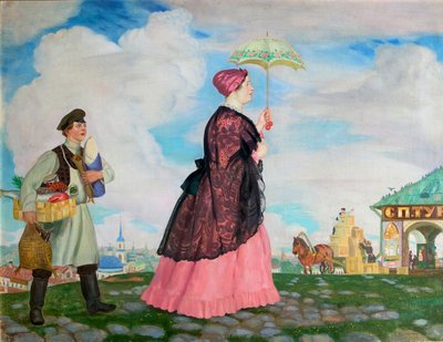 Comerciantes mulher com compras, 1920 de Boris Mikhailovich Kustodiev