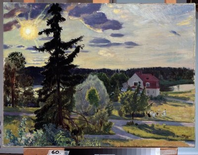 Paisagem nocturna. Um grupo de crianças a brincar com uma bola no relvado em frente de uma casa. Pintura de Boris Michaylovich Kustodiev (Kustodiev) (1878-1927), óleo sobre tela de Boris Mikhailovich Kustodiev