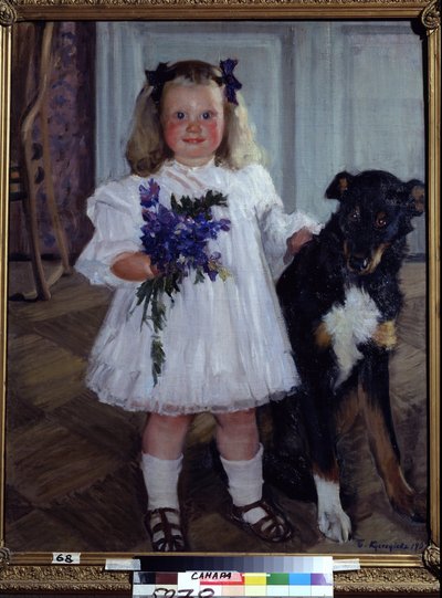 Retrato da Filha Irina com o Cão Shumka. Pintura de Boris Michaylovich Kustodiev (Kustodiev) (1878-1927), óleo sobre tela de Boris Mikhailovich Kustodiev