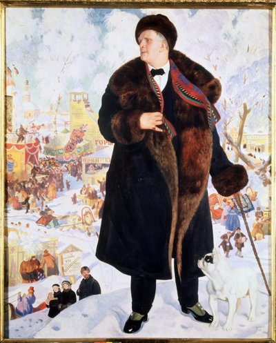 Retrato do cantor Feodor (Fiodor, Fedor) I. Chaliapin (Chaliapin) (1873-1938) (Retrato do cantor F.I.Shalyapin). De casaco de peles e chapéu, acompanhado por um bulldog a olhar para ele, o cantor ergue-se orgulhosamente diante das animações de um de Boris Mikhailovich Kustodiev