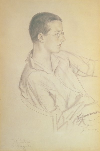 Retrato de Dmitri Dmitrievich Shostakovich (1906-75), 1923 (lápis sobre papel) de Boris Mikhailovich Kustodiev