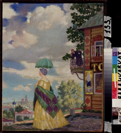 Província (Província). Numa rua pavimentada, com vista para a cidade, uma mulher com um vestido amarelo com um calor negligentemente retido, a condizer com o seu guarda-chuva, olha para o panorama. Um homem de fato, na sua varanda, fuma um cigarro enquanto de Boris Mikhailovich Kustodiev