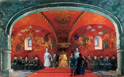Representação de Boris Fyodorovich Godunov (1551-1605), Czar da Rússia, Décor para a peça de teatro "Boris Godunov" de Alexander Sergeyevich Pushkin (óleo sobre tela) de Boris Mikhailovich Kustodiev