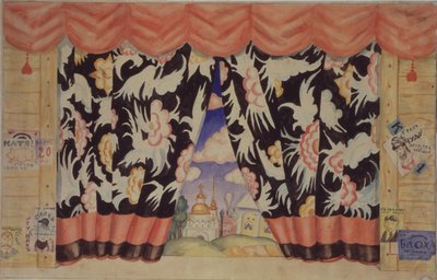 Esboço da cortina para a peça de teatro A pulga de E. Zamyatin, 1925-1926 de Boris Mikhailovich Kustodiev