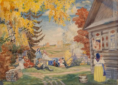Cenografia da peça de teatro Camponeses por Alexander Neverov, 1920 de Boris Mikhailovich Kustodiev