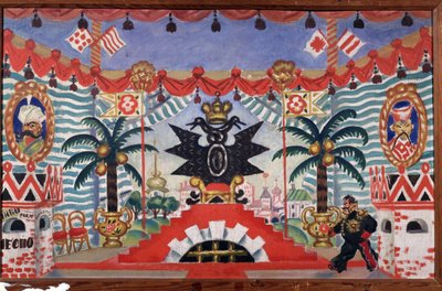 Cenografia para a peça de teatro A pulga de E. Zamyatin, 1925-1926 de Boris Mikhailovich Kustodiev