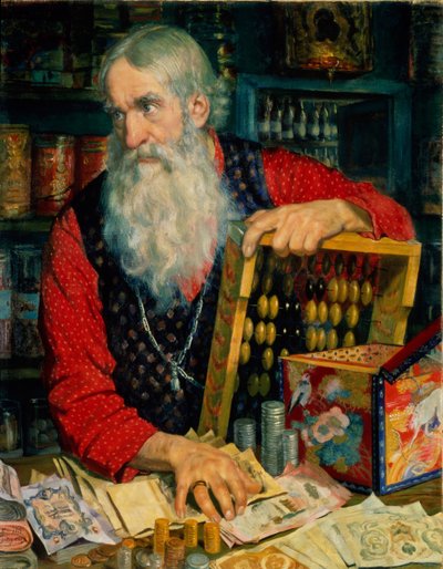 O velho comerciante com dinheiro, 1918 de Boris Mikhailovich Kustodiev