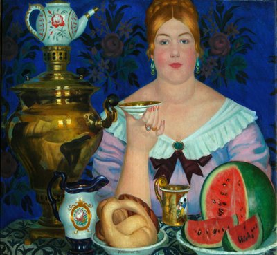 A esposa do comerciante bebendo chá, 1923 de Boris Mikhailovich Kustodiev