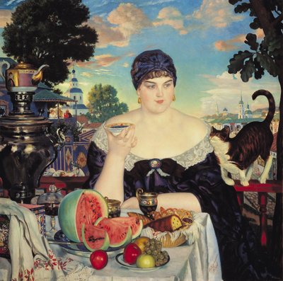 A esposa do comerciante no chá de Boris Mikhailovich Kustodiev