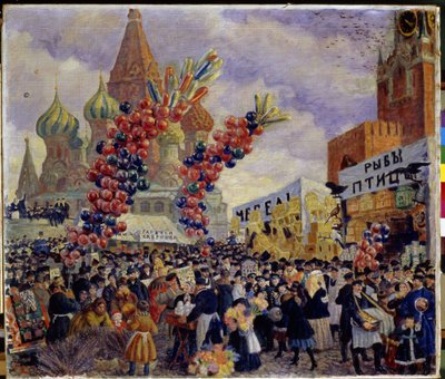 Uma feira na praça vermelha do Kremlin, em Moscovo (Cabines de exposição). A multidão move-se entre as diferentes bancadas comerciais do mercado decoradas com enormes aglomerados de balões. Podemos ver a catedral de São Basílio em Moscovo (São Basílio de Boris Mikhailovich Kustodiev