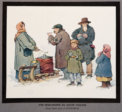 Um Vendedor de Sopa Quente, do Histoire des Soviets, pub. 1922 (cor litho) de Boris Vasilievich Zvorykin
