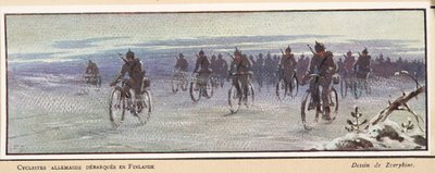 Ciclistas alemães chegando na Finlândia; do Histoire des Soviets, pub. 1922 (cor litho) de Boris Vasilievich Zvorykin