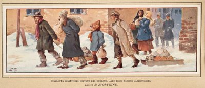 Trabalhadores soviéticos deixando o escritório com suas rações alimentares, da Histoire des Soviets, pub. 1922 (cor litho) de Boris Vasilievich Zvorykin