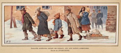 Trabalhadores soviéticos deixando o escritório com suas rações alimentares, da Histoire des Soviets, pub. 1922 (cor litho) de Boris Vasilievich Zvorykin