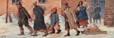Trabalhadores soviéticos deixando seus escritórios com suas rações alimentares (cor litho) de Boris Vasilievich Zvorykin