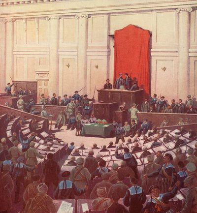 A única sessão da Assembleia Constituinte Russa em Petrogrado após a Revolução de Outubro de Boris Vasilievich Zvorykin