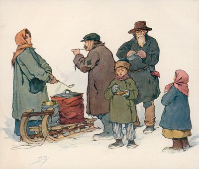 Mulher vendendo sopa quente na rua na Rússia soviética (cor litho) de Boris Vasilievich Zvorykin