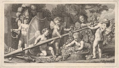 Seis putti brincando com os braços de Marte, quatro segurando uma grande lança, um à esquerda..., 1769. de Bossi