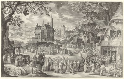 Feira do agricultor em frente à balança na praça da aldeia
Die Boere cermis (título sobre o objecto) de Boëtius Adamsz. Bolswert