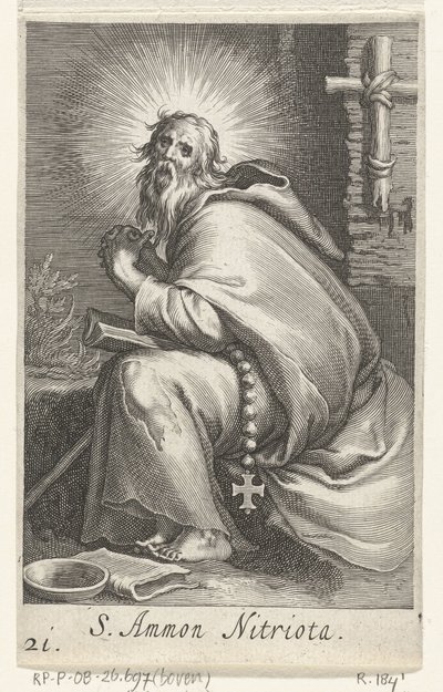 Santo Amônio, o Grande como um eremita S. Ammon Nitriota (título no objeto) Eremitas (título da série) Sacra eremvs ascetarvm (título da série) de Boëtius Adamsz. Bolswert