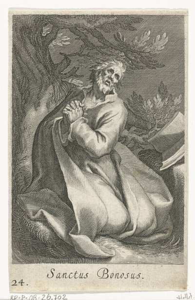 São Bonosso como Eremita Sanctus Bonosus (título no objeto) Eremitas (título da série) Sacra eremvs ascetarvm (título da série) de Boëtius Adamsz. Bolswert
