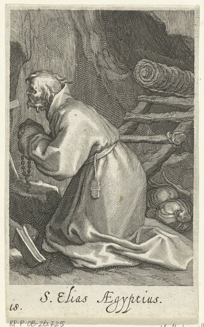 Santo Elias de Cesareia como um eremita S. Elias Aegyptius (título no objeto) Eremitas (título da série) Sacra eremvs ascetarvm (título da série) de Boëtius Adamsz. Bolswert