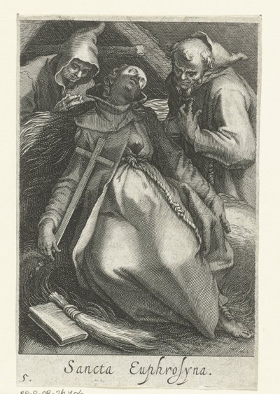 Santa Euphrosina de Alexandria como eremita
Sancta Euphrosyna (título sobre o objecto)
Eremitesses (título da série)
Sacra Eremus Ascetriarum (título da série) de Boëtius Adamsz. Bolswert