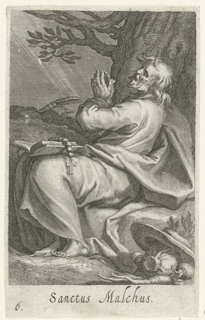 São Malco de Cálcis como um eremita Sanctus Malchus (título no objeto) Eremitas (título da série) Sacra eremvs ascetarvm (título da série) de Boëtius Adamsz. Bolswert