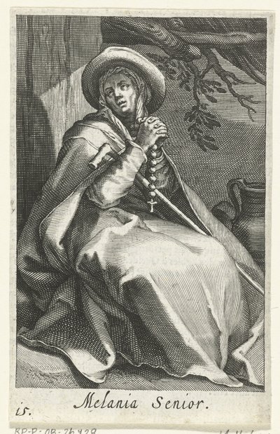 Santa Melania, a Velha como Eremita Melania Senior (título no objeto) Hermitesses (título da série) Sacra Eremus Ascetriarum (título da série) de Boëtius Adamsz. Bolswert