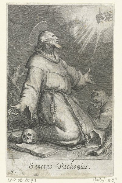 São Pacômio o Velho como um eremita Eremitas (título da série) Sacra eremvs ascetarvm (título da série) de Boëtius Adamsz. Bolswert