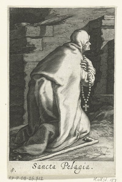 Santa Pelagia de Antioquia como ermitã
Sancta Pelagia (título sobre o objecto)
Eremitesses (título da série)
Sacra Eremus Ascetriarum (título da série) de Boëtius Adamsz. Bolswert