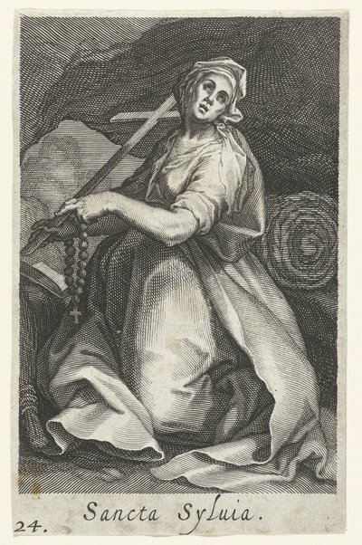 Santa Sílvia de Roma como ermitã
Sancta Syluia (título sobre o objecto)
Eremitesses (título da série)
Sacra Eremus Ascetriarum (título da série) de Boëtius Adamsz. Bolswert