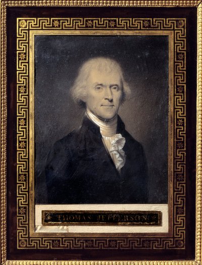 Retrato de Thomas Jefferson (1743-1826) Presidente dos Estados Unidos de 1801 a 1809 - Desenho de Bouch (século XIX), pedra preta, tampo de giz Dim: 0,25 x 0,20m - Malmaison, Musee Du Chateau - Retrato de Thomas Jefferson (1743-1826) - Desenho de Bouc de Bouch