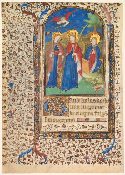 Folha de um livro de horas: Sts. Geneviève, Catarina de Alexandria e Margaret reto ..., c. 1415 de Boucicaut Master