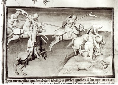 Sra. Fr 2810 O líder mongol, Hulagu, cã do Ilkhanate persegue seu primo, Berke, cã do Kipchak ou da Horda Dourada em 1262, forçando-o a entrar em um rio, de Livre des Merveilles du Monde, c.1410- de Boucicaut Master