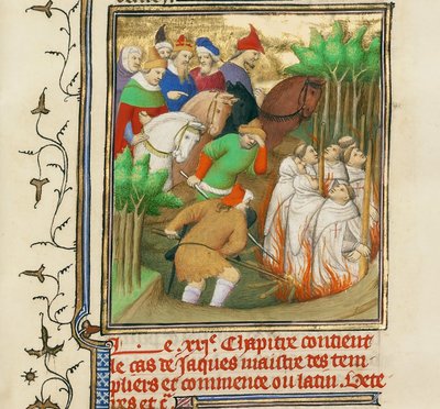 Os cavaleiros templários queimados na presença de Filipe, o Justo, e seus cortesãos, ca. 1413-1415 de Boucicaut Master,