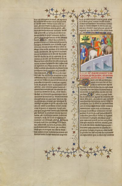 Xerxes, rei dos persas, atravessa uma ponte com o seu exército de Boucicaut Master