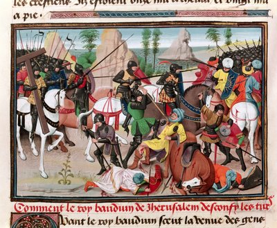 Ms 5089-90 A batalha entre o rei Baldwin I (c.1058-1118) e os turcos, de Chroniques des empereurs de David Aubert, 1462 de Brabant School