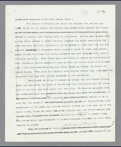 Página 539, Capítulo 27, A passagem excluída que descreve a destruição do castelo do Drácula, do manuscrito digitado original de Bram Stoker de &39;Drácula&39; (impressão) de Bram Stoker